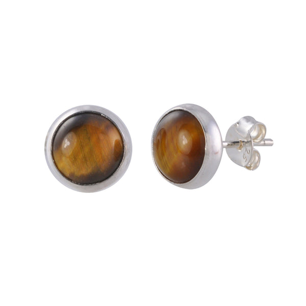 Sterling Silver Tiger's Eye Gemstone Earrings 9mm Round Studs - Jewelryland.com