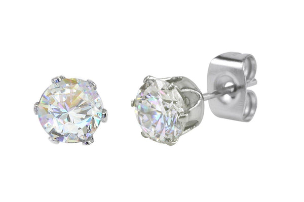 Stainless Steel Earrings White Round CZ Studs Prong Setting 2mm-10mm - Jewelryland.com