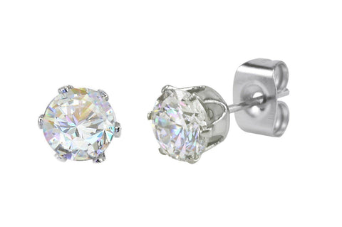 Stainless Steel Earrings White Round CZ Studs Prong Setting 2mm-10mm - Jewelryland.com