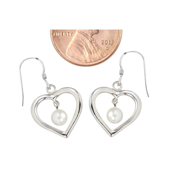 Dangle Earrings White Pearl Open Heart Design .925 Sterling Silver - Jewelryland.com
