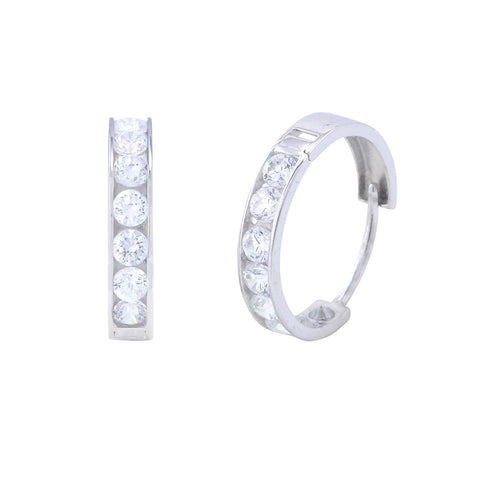 14k White Gold Huggie Hoop Earrings Snap Closure Cubic Zirconia 16mm x 3mm - Jewelryland.com