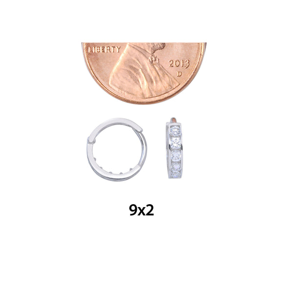 14k White Gold Small Huggie Hoop Earrings Clear CZ Cubic Zirconia 9mm x 2mm - Jewelryland.com