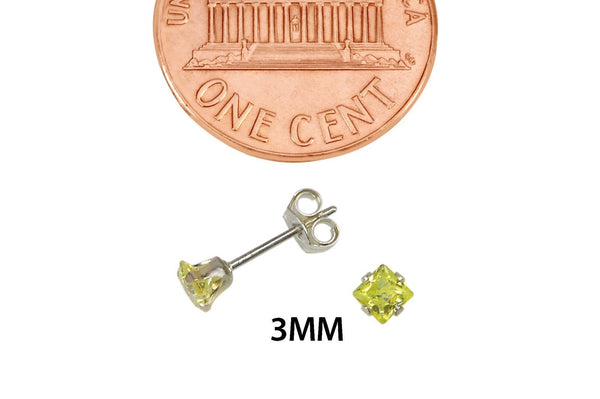 Square Peridot Cubic Zirconia Stud Earrings August Birthstone .925 Silver Prong - Jewelryland.com