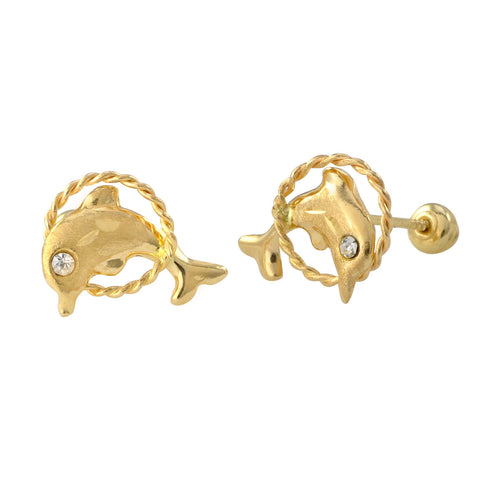 10k Gold Earrings Jumping Dolphin Studs with Screw Backs - Jewelryland.com