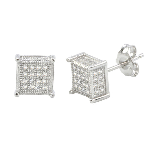 Sterling Silver Micro Pave Stud Earrings Clear Square 3d Sidestones 8mm x 8mm - Jewelryland.com
