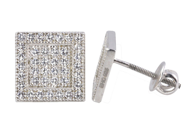 Mens CZ Stud Earrings Sterling Silver Screwback Raised CZ Border 9mm Square - Jewelryland.com