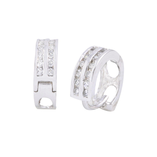 CZ Huggie Earrings Hoops 925 Sterling Silver 12mm 2 Row Clear Cubic Zirconia - Jewelryland.com