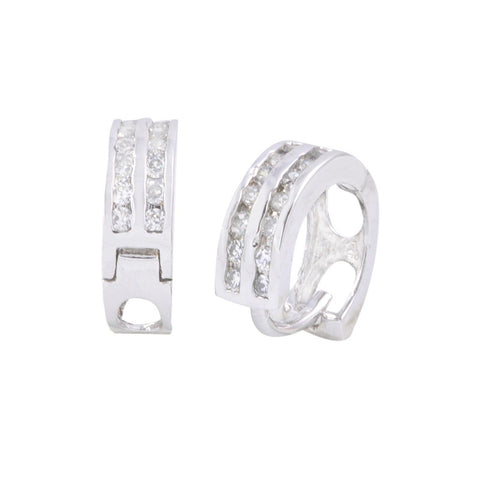 CZ Huggie Earrings Hoops 925 Sterling Silver 12mm 2 Row Clear Cubic Zirconia - Jewelryland.com