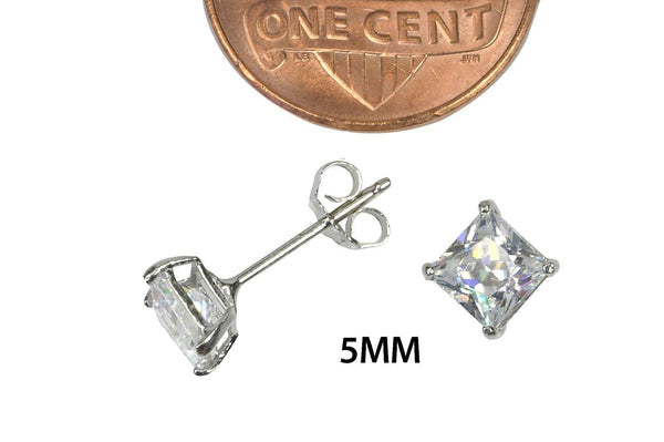 Sterling Silver Square Cubic Zirconia Stud Earrings AAA Clear CZ Basket Setting - Jewelryland.com