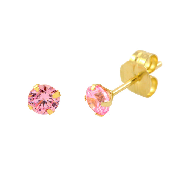 14k Yellow Gold Pink CZ Earrings Round Cubic Zirconia October Birthstone Studs - Jewelryland.com