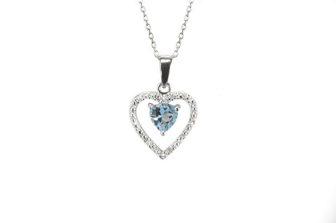 Sterling Silver Diamond (.01ct) and Blue Topaz (.54) Heart Outline Necklace, 18" - Jewelryland.com