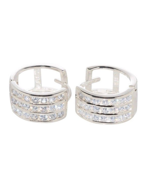 Small Huggie Earrings CZ Cubic Zirconia 3 Row .925 Sterling Silver 12mm x 7mm - Jewelryland.com