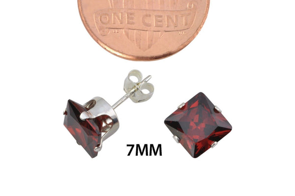 Garnet CZ Earrings Red January Birthstone Studs Sterling Silver Square Prong - Jewelryland.com