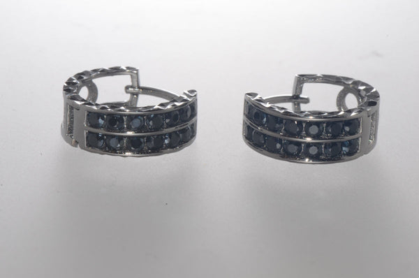 Sterling Silver Black CZ Hoop Earrings 2 Row Cubic Zirconia CZ 14mm x 6mm - Jewelryland.com