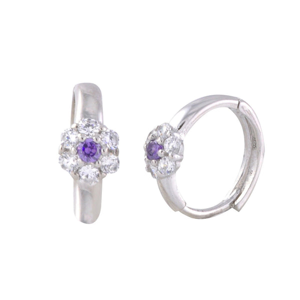 Sterling Silver Huggie Earrings Mini Flower CZ Birthstone Colors Hinged Hoops - Jewelryland.com