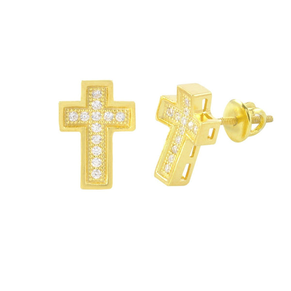 Cross Screwback Earrings Yellow Gold Plated Pave CZ Cubic Zirconia 11mm - Jewelryland.com