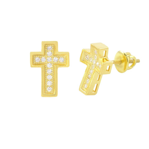 Cross Screwback Earrings Yellow Gold Plated Pave CZ Cubic Zirconia 11mm - Jewelryland.com