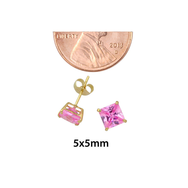 10k Yellow Gold Square Pink CZ Stud Earrings Cubic Zirconia Basket Set - Jewelryland.com