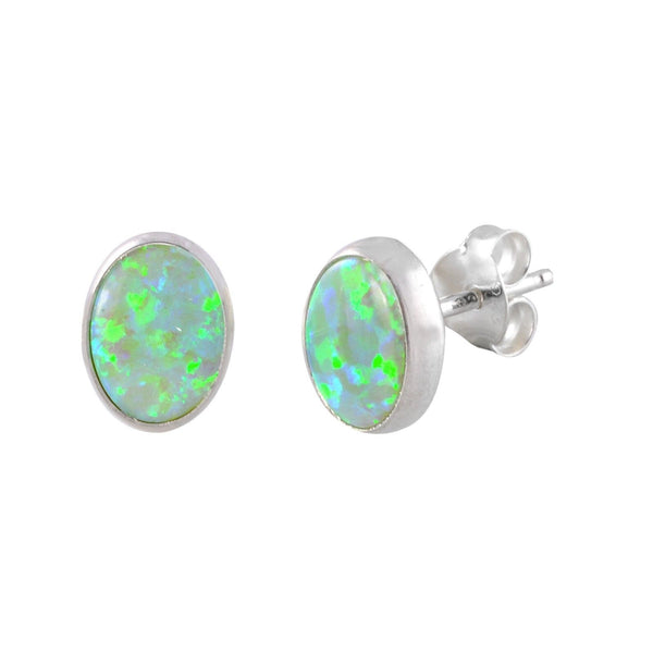 Green Opal Gemstone Stud Earrings Sterling Silver 7mm x 9mm Oval - Jewelryland.com