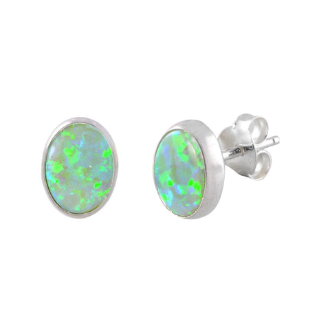 Green Opal Gemstone Stud Earrings Sterling Silver 7mm x 9mm Oval - Jewelryland.com
