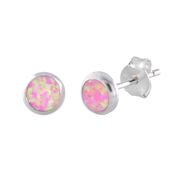 Womens Opal Earrings Round Iridescent Pink Sterling Silver Studs 6mm Circle - Jewelryland.com