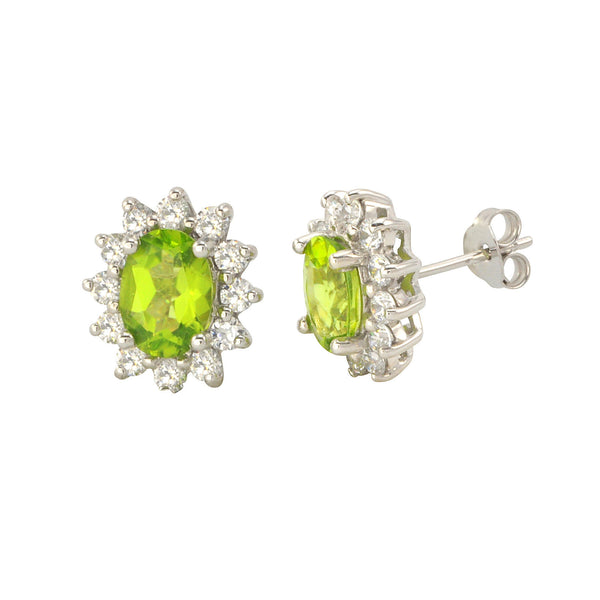 Peridot Gemstone Flower Stud Earrings Sterling Silver Micropave CZ Accent - Jewelryland.com