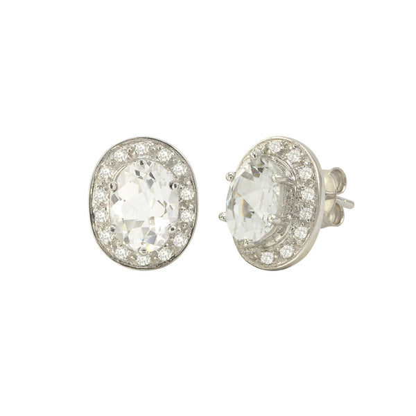 White Topaz Gemstone Stud Earrings Sterling Silver Oval Micropave CZ Accent - Jewelryland.com