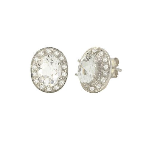 White Topaz Gemstone Stud Earrings Sterling Silver Oval Micropave CZ Accent - Jewelryland.com