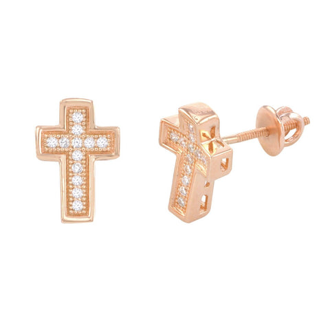 Cross Screwback Earrings Rose Gold Plated Pave CZ Cubic Zirconia 11mm - Jewelryland.com