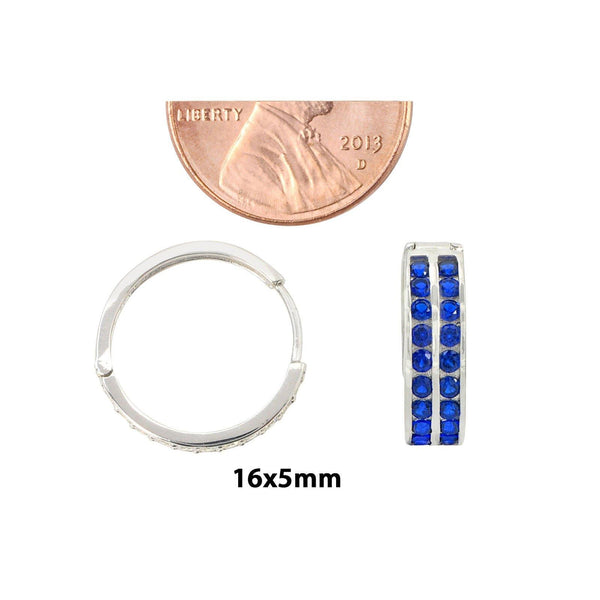 Sterling Silver Huggie Hoop Earrings 2 Row Dark Blue Cubic Zirconia 16mm x 5mm - Jewelryland.com