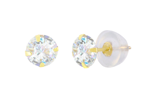 14k Yellow Gold Round CZ Cubic Zirconia Stud Earrings with Safety Silicone Backs - Jewelryland.com
