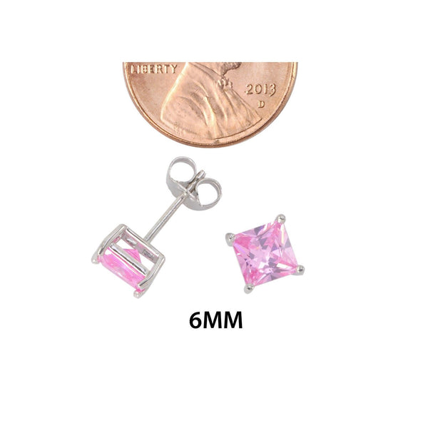 Square Pink CZ October Birthstone Stud Earrings .925 Sterling Silver Basket Set - Jewelryland.com