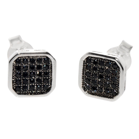 Mens Stud Earrings 925 Sterling Silver 8mm Rounded Square Black CZ - Jewelryland.com