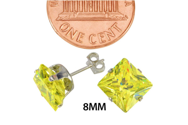 Square Peridot Cubic Zirconia Stud Earrings August Birthstone .925 Silver Prong - Jewelryland.com