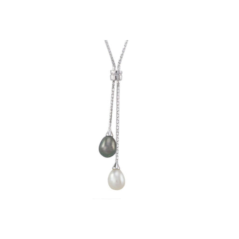Black and White Freshwater Pearl Dangle Necklace Sterling Silver, 16" + 2" ext - Jewelryland.com