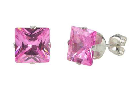 Silver Pink Studs Tourmaline Square CZ October Birthstone Prong Earrings .925 - Jewelryland.com