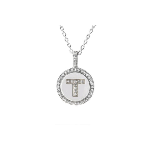 Initial Necklace letter T pendant Sterling Silver Micropave Cubic Zirconia - Jewelryland.com