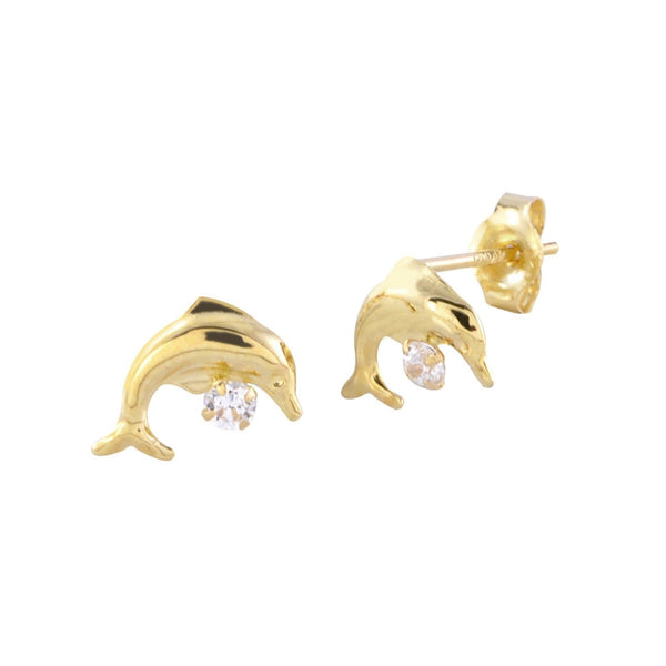 Dolphin Stud Earrings 14k Yellow Gold 9mm CZ - Jewelryland.com