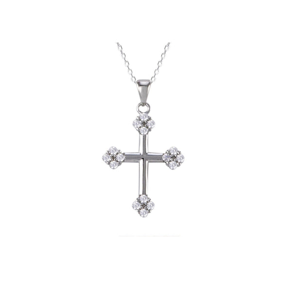 Sterling Silver Cross Necklace White Pave CZ Cubic Zirconia Stones at Endpoints - Jewelryland.com