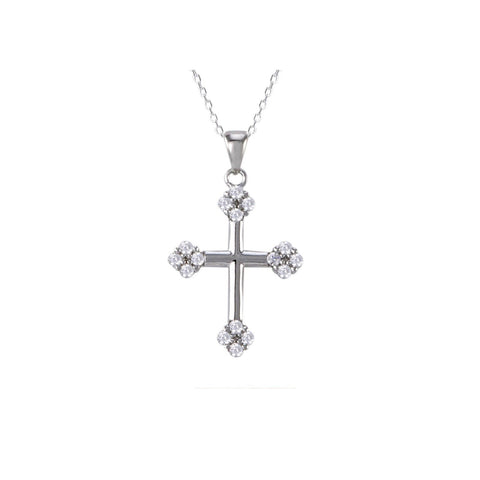 Sterling Silver Cross Necklace White Pave CZ Cubic Zirconia Stones at Endpoints - Jewelryland.com