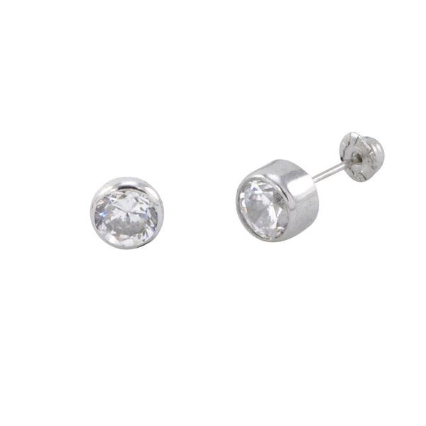 10k White Gold Round Clear CZ Stud Earrings Screwbacks Thick Bezel Setting - Jewelryland.com