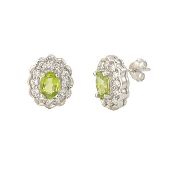 Peridot Gemstone Stud Earrings 925 Sterling Silver Fancy Oval CZ Accent - Jewelryland.com