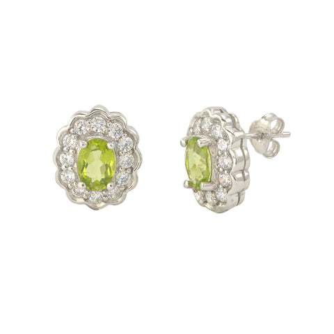 Peridot Gemstone Stud Earrings 925 Sterling Silver Fancy Oval CZ Accent - Jewelryland.com
