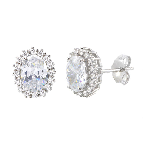 Sterling Silver Halo Oval Cubic Zirconia Stud Earrings Micropave 11mm x 10mm - Jewelryland.com