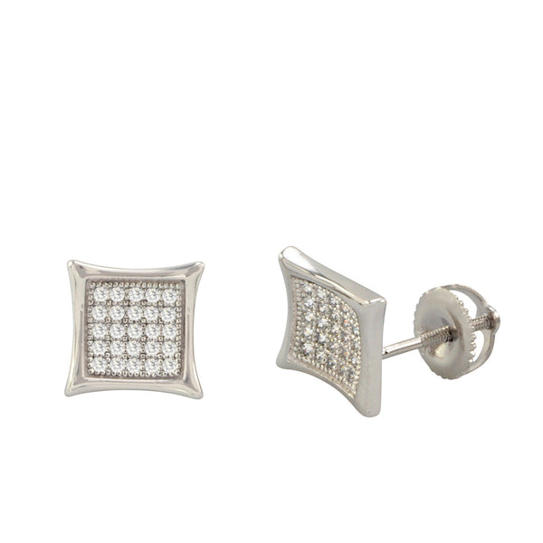Micropave Earrings Sterling Silver Screwback Studs White CZ 9mm Kite Shaped - Jewelryland.com
