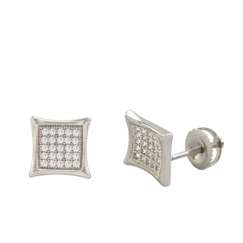 Micropave Earrings Sterling Silver Screwback Studs White CZ 9mm Kite Shaped - Jewelryland.com