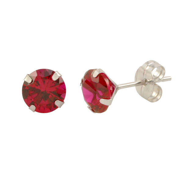 14k White Gold Ruby Red Cubic Zirconia Stud Earrings Round Birthstone CZ - Jewelryland.com