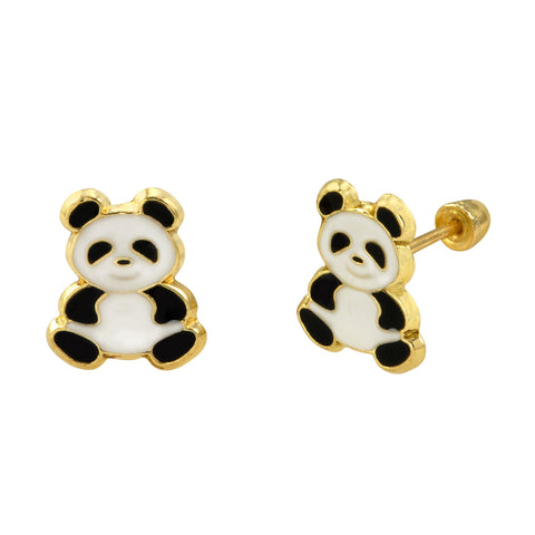 10k Yellow Gold Panda Bear Screwback Stud Earrings Hand Painted 10x8 - Jewelryland.com