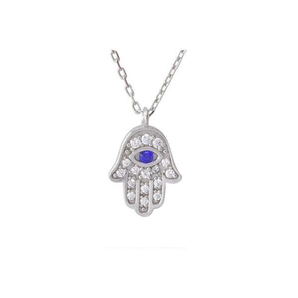Hamsa Necklace .925 Sterling Silver Hand of God - Evil Eye, 17" Chain - Jewelryland.com