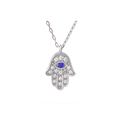 Hamsa Necklace .925 Sterling Silver Hand of God - Evil Eye, 17" Chain - Jewelryland.com